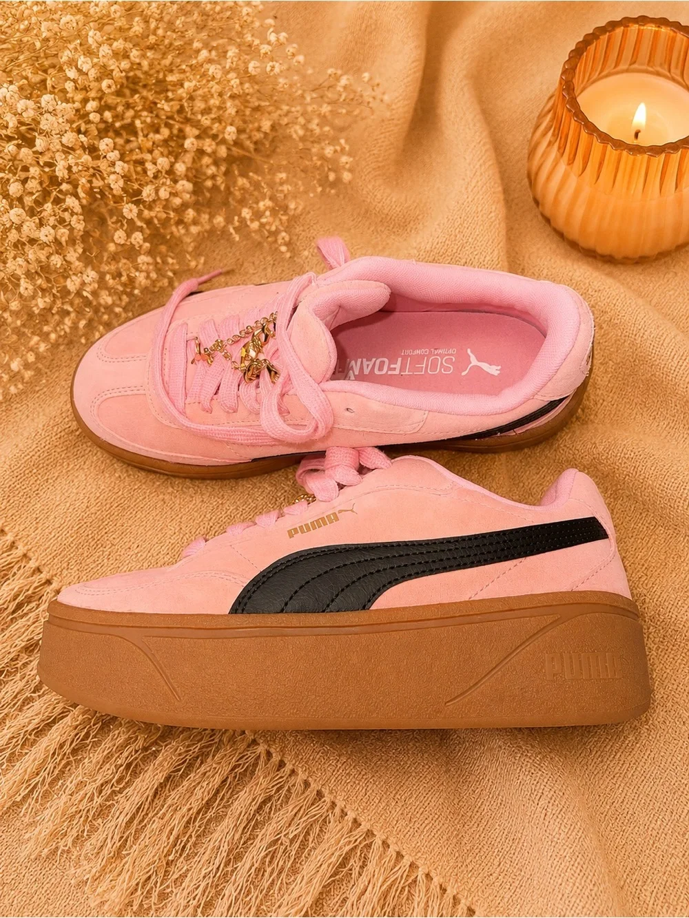 Puma Pink Suede Platform Women's Sneakers with Gold Chain Detail